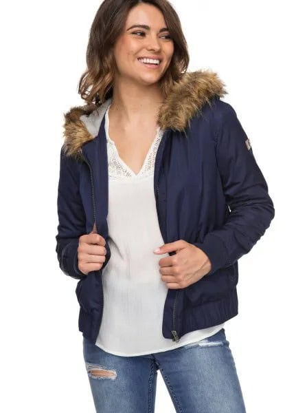 Navy Blue Faux Fur Hooded Bomber Jacket with Chiffon Blouse