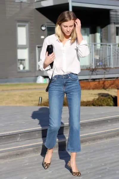 White Button Up Shirt with Slightly Flared Jeans & Leopard Print Flats