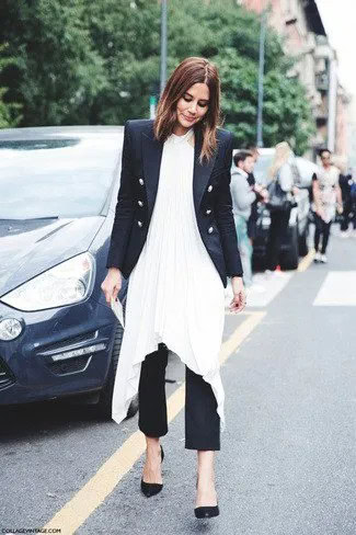 Double Breasted Blazer with White High Low Silk Dress & Black Pants