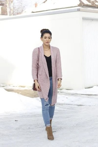 Pink Cardigan with Black V Neck Top & Ripped Jeans