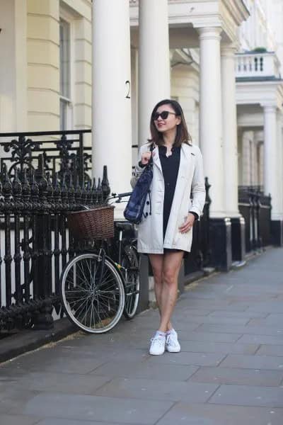 White Longline Blazer with Black Mini Shift Dress & Sneakers