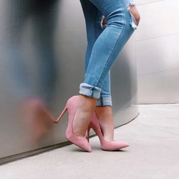 Light Blue Ripped Cuffed Skinny Jeans & Blush Pink Ballet Heels