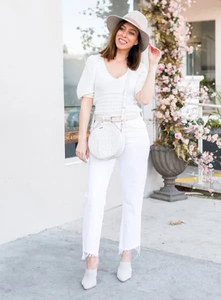 Pale Pink Floppy Hat with Off White Cut Off Straight Cut Jeans