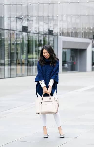 Navy Cable Knit Poncho Sweater with White Skinny Ankle Jeans