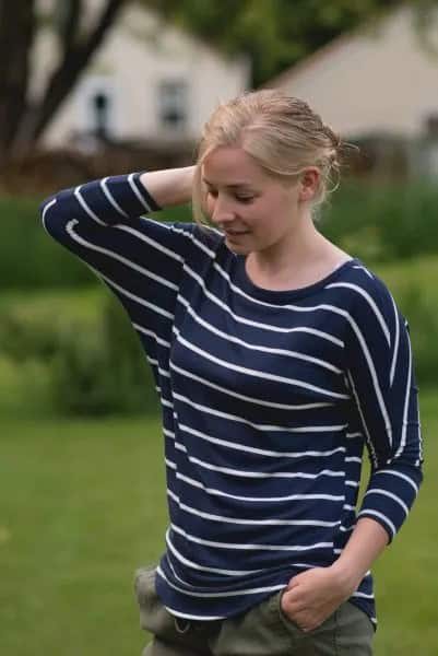 Navy and White Striped Top with Khaki Pants