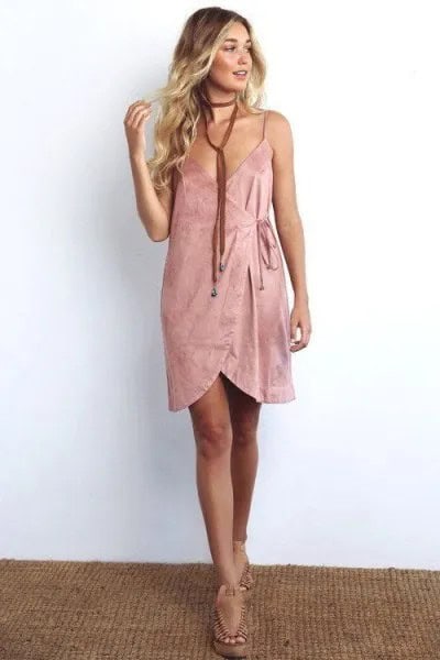 Pink Mini Shift Wrap Dress with Long Choker