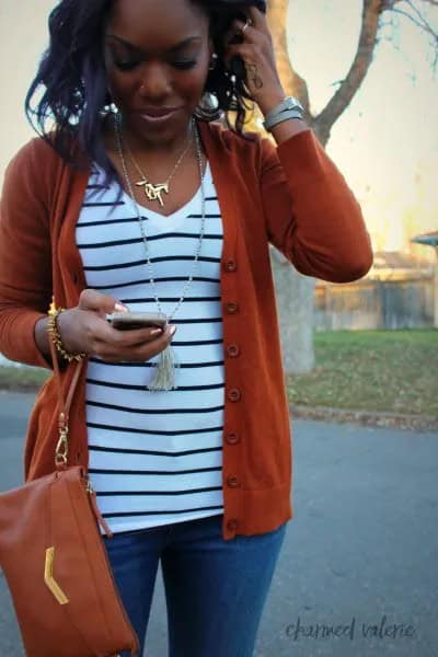 Red Cardigan Sweater with White and Black Striped V Neck Top