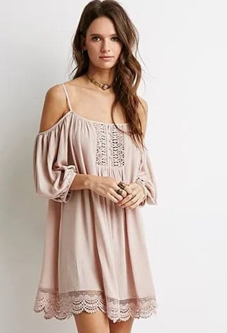 Pale Pink Open Shoulder Lace Hem Mini Dress