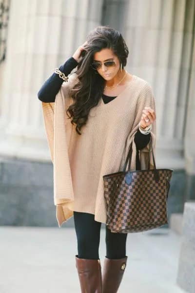 Ivory Ribbed Cape Sweater with Black Leggings & Grey Over The Knee Fall Boots