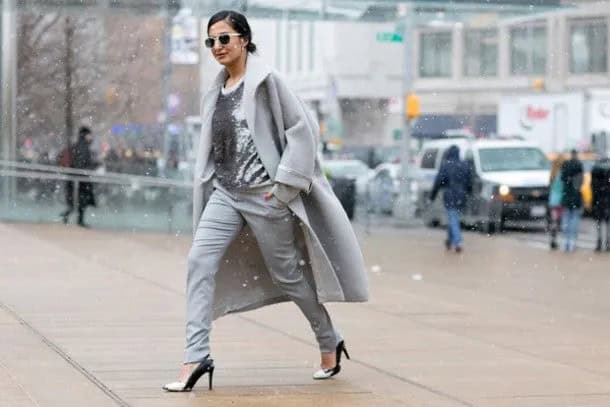 Grey Wool Long Coat with Silver Sequin Blouse