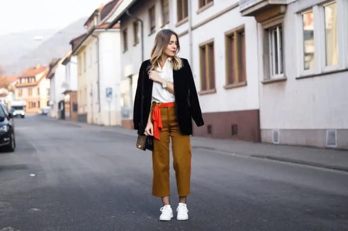 White Button Up Shirt with Black Blazer & Dark Mustard Straight Leg Pants