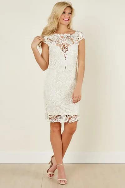 Two-Layered Ivory Cap Sleeve Semi-Sheer Mini Dress with Open Toe Heels