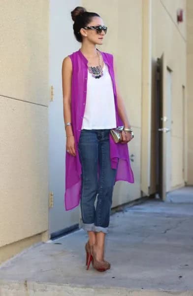 Sleeveless Purple Chiffon Cardigan with White Top & Jeans