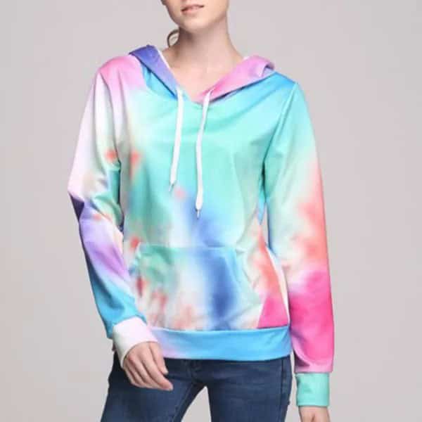 Blue and Pink Tie Dye Hooded Sweatshirt with Dark Blue Skinny Jeans