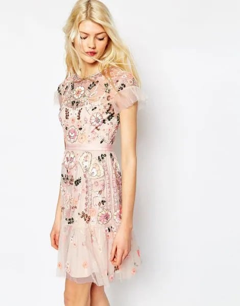 Pale Pink Sheer Shoulder Chiffon Dress