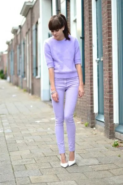 Purple Half Sleeve Sweater with Baby Blue Jeans