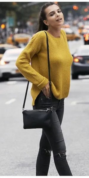 Yellow Ribbed Sweater with Dark Grey Skinny Jeans