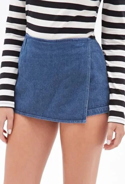 Black and White Striped Long Sleeve Tee with Blue Mini Denim Skort