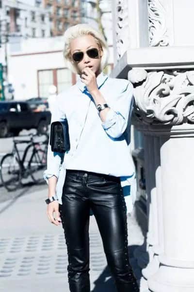 Light Blue Button Up Shirt with Black Lace Up Leather Pants