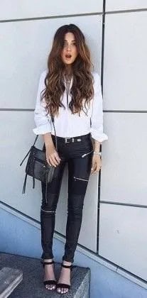 White Button Up Blouse with Black Biker Pants & Ankle Strap Open Toe Heels