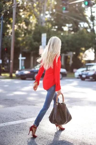 Red Slim Fit Button Up Shirt with Grey Skinny Jeans