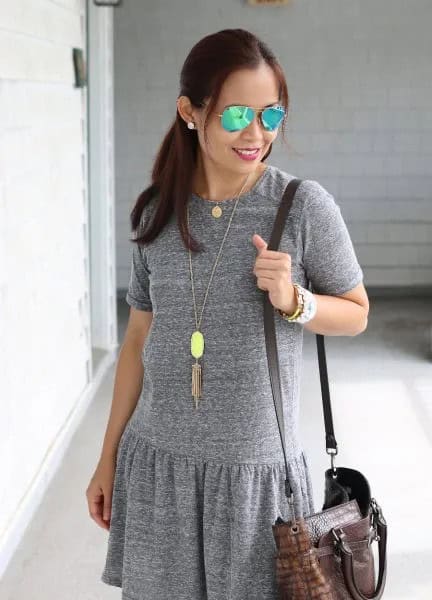 Heather Grey Dress with Boho Style Long Necklace