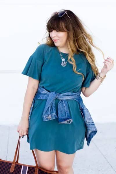 Teal T Shirt Dress with Denim Jacket Tied Around Waist