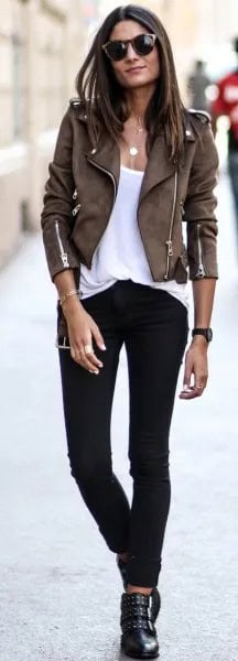 Dark Brown Suede Biker Fitted Jacket with White Scoop Neck Tank Top