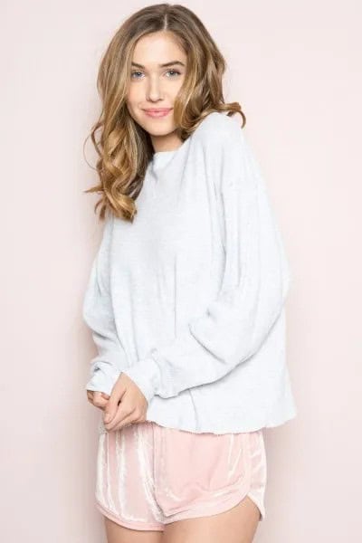 White Sweater with Blush Pink Mini Silk Shorts