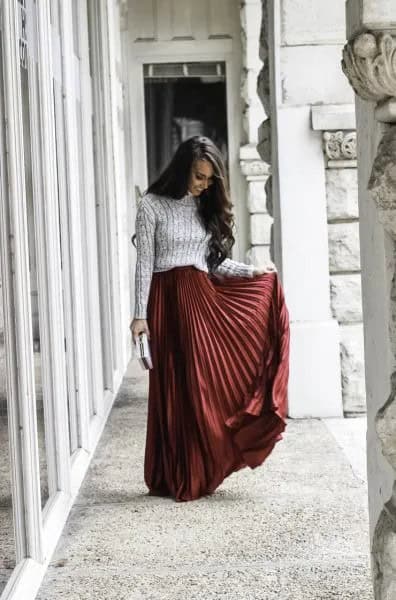 Grey Ribbed Knit Sweater with Green Maxi Skirt