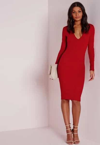 Red Long Sleeve Deep V Neck Midi Dress with White Open Toe Heels