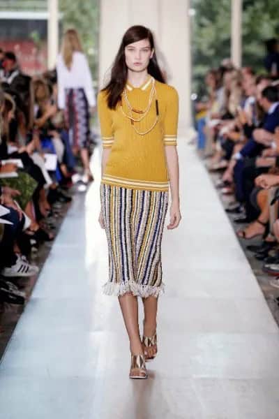 Mustard Yellow Slim Fit Polo Shirt with Tribal Style Striped Midi Skirt