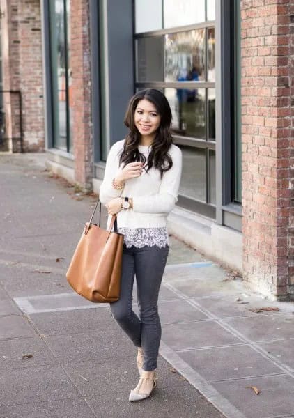 White Fitted Sweater with Lace Blouse & Pale Pink Strappy Pointed Flats