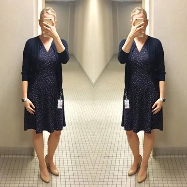 Navy Polka Dot Wrap Mini Dress with Black Cardigan