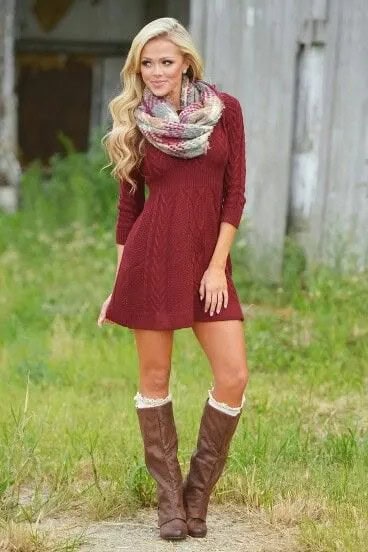 Red Cable Knit Mini Flared Sweater Dress with Grey and White Scarf