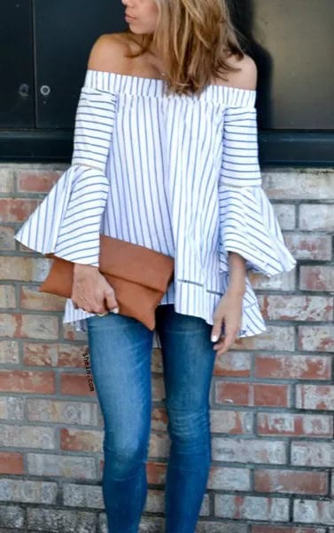 Striped Off Shoulder Bell Sleeve Blouse