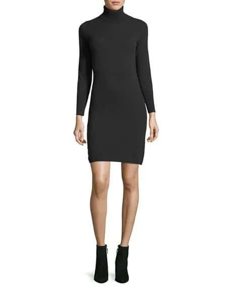 Black Turtleneck Cashmere Mini Dress with Leather Ankle Boots