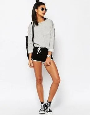 Grey Sweater with Black Mini Tie Waist Shorts