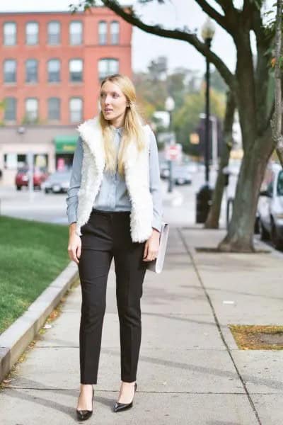 White Vest with Chambray Shirt & Black Chinos