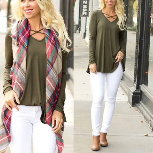 Olive Green Criss Cross Long Sleeve Tunic Top