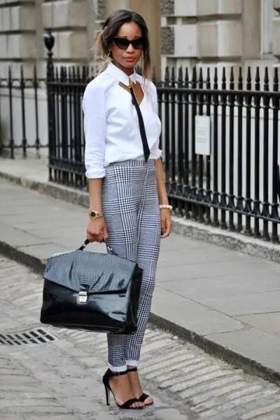 White and Black Cutout Front Blouse with Checkered Chinos