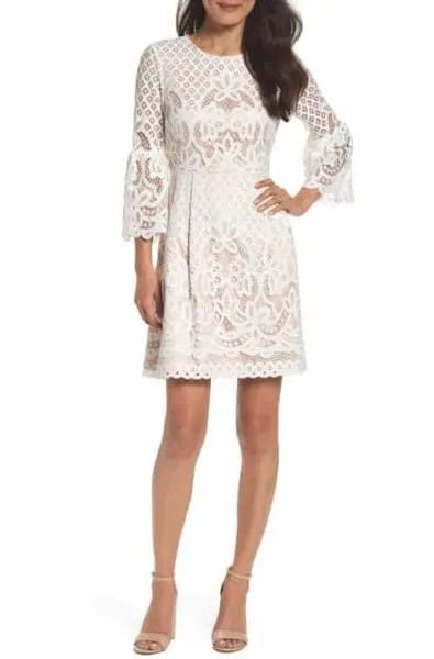 Ivory Bell Sleeve Fit and Flare Lace Mini Dress