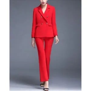 Red Double Breasted Suit Jacket with Flared Pants & Open Toe Heels