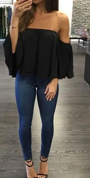 Black Off The Shoulder Chiffon Top with Dark Blue Super Skinny Jeans