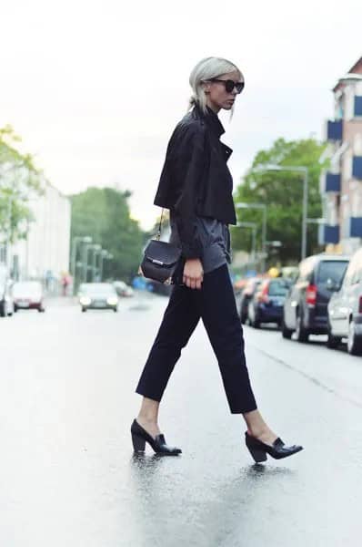 Black Heeled Loafers with Short Leather Jacket & Grey Tee