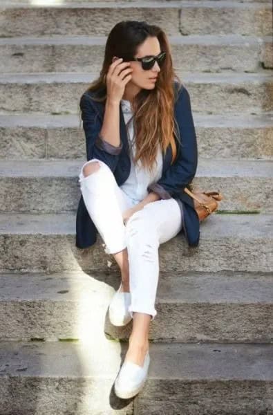 Dark Blue Denim Blazer Jacket with White Ripped Skinny Jeans & Loafers