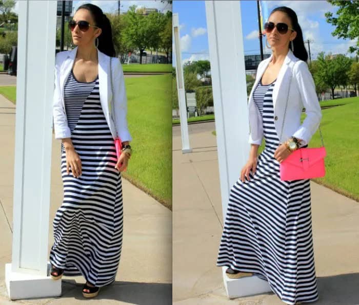 Black and White Striped Maxi Cotton Dress with Blazer