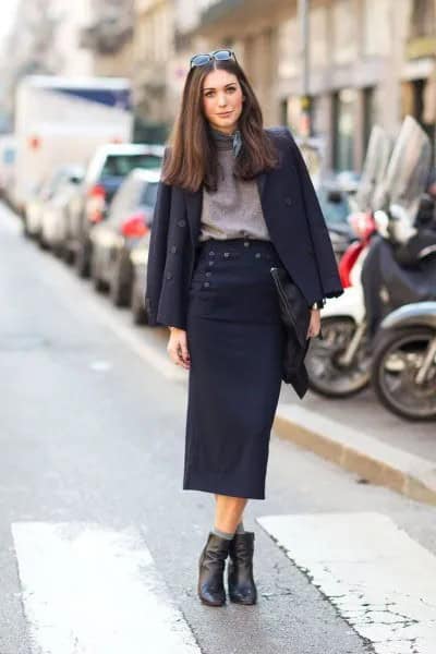 Black Wool Blazer with Grey Mock Neck Sweater & Midi Skirt