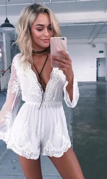 White Deep V Neck Flowy Lace Romper with Choker