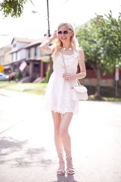 White Lace Mini Chiffon Sheath Dress with Lace Up Sandals